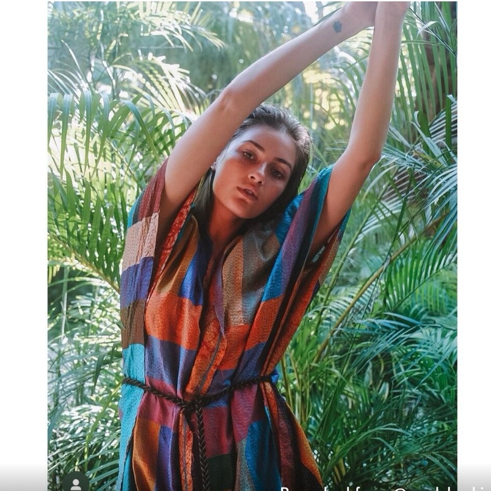 CLAUDE TULUM BEACH COVER UP KIMONO Patched Silk Multicolor Tassels Ruana Boho OS